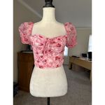 SheIn Floral Print Knot Front Pink Crop Blouse Puffy Sleeve Size L Sheer Sleeve Photo 3