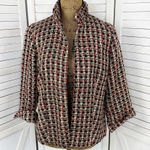 Chico's Tweed Metallic High Neck Open Front Blazer Jacket Red Black Gold Medium Photo 0