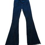 Blue Blush Elastic High Waist Flared Fringe Hem Jeans Photo 4