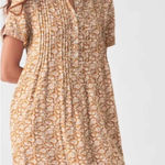 Faherty  Gemina Floral Linen Blend Mini Dress Sz‎ Large Tan Pleated Short Sleeve Photo 0