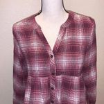 Knox Rose burgundy plaid v-neck long sleeve button Down shirt side slits Photo 1