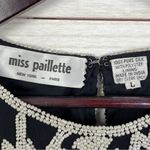 Miss Paillette Pearl Embellished Silk Pullover Blouse Black White Large Photo 8
