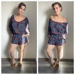 American Eagle  Romper Blue Red Floral Medium Viscose Pockets Vacation Photo 1