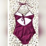 Cupshe NWT  Wine Crochet Halter One-Pice Swimsuit Size Small Photo 3