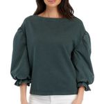 Wonderly  Knit Woven Mix Pullover Top Puff Sleeve Women's Medium Green Preppy Photo 0