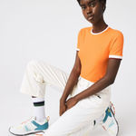 Lacoste Womens Shirt Orange Crew Neck Fantasy Knit Ribbed Slim Fit 34 US Small Photo 0