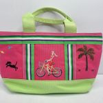 Tianni Beachy Handbag Pink Green Tote Bag Palm Trees Dog Girl On Bike Zip Top Photo 0
