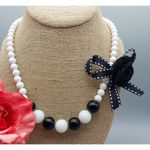 Cute Black & White Beaded Stretch Choker Necklace Collar Bow & Flower Accent Photo 1