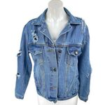Forever 21  Women Blue Long Sleeve Distressed Button Up Denim Jean Jacket Size S Photo 0