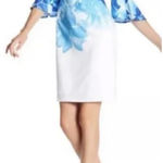 Donna Ricco White Blue Floral Off the Shoulder Bell Sleeve Dress 12 *TINY FLAW Photo 0