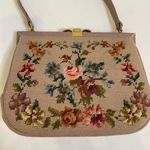 Vintage Floral Tapestry Needlepoint Purse Handbag Granny w/ Small Mirror EUC Tan Photo 1