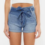 Kancan Tie Waist Cuffed Jean Shorts in Blue Casual Summer Rigid‎ Plus Size 32 Photo 0