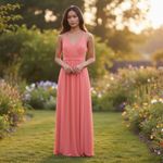 Azazie  Coral Bridesmaid Dress V-Neck Maxi Chiffon Size 4 Photo 3