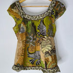 Planet Gold  Medium Green Brown Floral Boho Short Sleeve Top M Photo 0