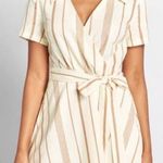 Modcloth Sweet Surprise Faux Wrap Cream and Tan Striped Mini Dress Size 12 Photo 0
