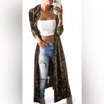 Pyramid Collection. Crushed velvet open front long duster. Olive Green. Large Green Photo 13