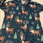 Womens szM Reindeer hooded onesie PJ’s reindeer snowflake tree design zip front Blue Size M Photo 4