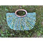 Coldwater Creek  Woven Raffia Satchel Handbag Wood Handle Turquoise Green‎ Photo 2