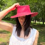 Vintage 70s Woven Straw Boater Hat Pink Photo 0