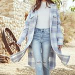 Miss Lola  Blue Plaid Long Line Side Slit Fuzzy Button Down Shacket Jacket M/L Photo 3