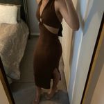 LAST ONE | NEW Brown Front Cut Out Halter Neck Back Tie Midi Dress Photo 4