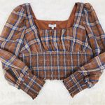 Gianni Bini Brown Plaid Smocked Crop Top Long Puff Sleeve Square Neck Sz 10 New Photo 4