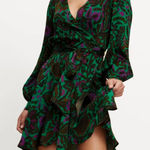 VELVET Graham & Spencer Bridget printed Wrap satin minidress, Multi, Medium, NWT Green Photo 0