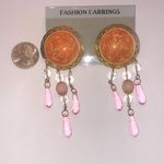 Vintage Gold Tone and Orange Shimmer Pink Beaded Retro Dangle Earrings Photo 2