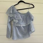 ZARA White Blue Striped Asymmetrical One Shoulder Ruffle Top Photo 1