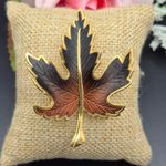 None Gold Tone & Brown Textured Fall Maple Leaf Brooch Pin MINT 2" Photo 1