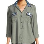 Rails  Kona Button-Front Linen Blend Embroidered Olive Green Shirt Sz L Photo 0