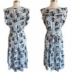 MAXSPORT Floral Dress Blue Black Ruffles Lined Midi Elastic Waist Belt Small NWT Photo 1