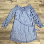 EXPRESS Blue & White Striped Linen Elastic Off The Shoulders Dress Size Small Photo 6