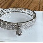 Silver Toned Padlock Charm Bracelet All Over Rhinestone Hinged Opening 7” Photo 2