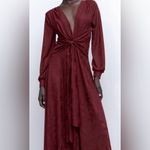 ZARA  Bloggers Fav Burgundy V-Neck Long‎ Jacquard Wrap Maxi Christmas Dress Sz M Photo 2