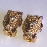 Vintage Gold Tone CZ Rhinestone Panther Clip On Classic Retro Earrings Photo 3