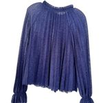 ZARA  Knit Blue Pleated Bell Sleeve Ruffle High Neck Semi Sheer Blouse Size M Photo 9