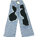 You Wanna Wide Leg Distressed Raw Hem Jeans NWT Baggy Y2K Patches‎ Grunge Size 28 Photo 0