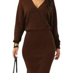 NWT OGL Chestnut Brown Ribbed Surplice Batwing Long Sleeve Knit Dress Size Large Photo 0