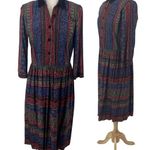 Vintage 70s Shirt Dress Midi Geometric Print Velvet Collar Fit & Flare Womens 10 Red Photo 0