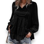 PRETTYGARDEN Women's V-neck Black Chiffon Long Sleeve Boho Blouse Large | EUC Photo 0