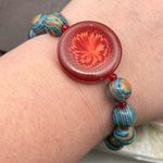 Handmade Boho Beaded Stretch Bracelet Red Floral Glass Centerpiece Blue Swirl Photo 1