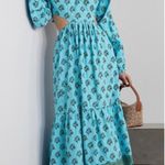 HANNAH Carmen open back printed cotton poplin maxi dress Turquoise Blue Size L Photo 3