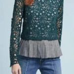 Anthropologie Maeve Gabriella Top Blouse Peplum Gingham Lace Green Size XS Photo 0