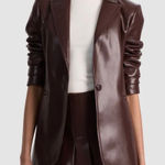 Alice + Olivia Breann Vegan Faux Leather Blazer in Dark Chocolate Brown Size 6 Photo 0