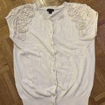 Ann Taylor  Floral Embellished Cardigan Short Sleeve Shirt Career Cream Crystal Photo 0