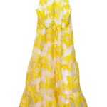 Boston Proper Yellow Floral Midi Dress Size 12 Metallic Jacquard Tiered V-Neck Photo 2
