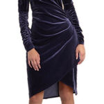 Gigi Parker Velvet Ruched Long Sleeve Sexy Stretch Bodycon Faux Wrap Dress S Blue Photo 0