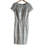 David Meister  Lace Overlay Sheath Cocktail Dress‎ in Metallic Silver Geo, Size 6 Photo 1