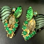 Vintage Juliana? Emerald Green Striped Rhinestones Goldtone Clip On Earrings 16g Photo 1